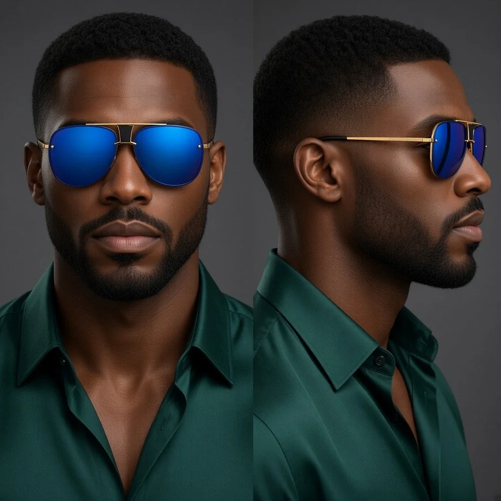 Mens Gold Blue Mirrored Sunglasses Streetwear Luxury Cyberpunk Modern Reflective